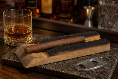 Handmade reclaimed bourbon barrel stave cigar holder with cigar on a home bar counter beside whiskey and a cigar cutter