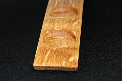 Five candle holder openings in reclaimed barrel stave