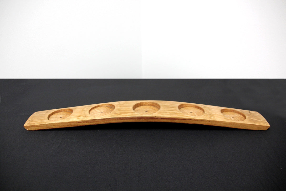 Handmade wine barrel stave candle holder detail