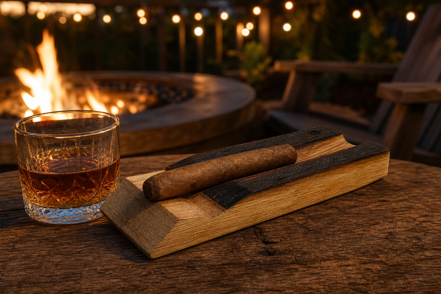 Whiskey barrel cigar holder with cigar on a rustic outdoor patio table beside a whiskey glass near a firepit and string lights