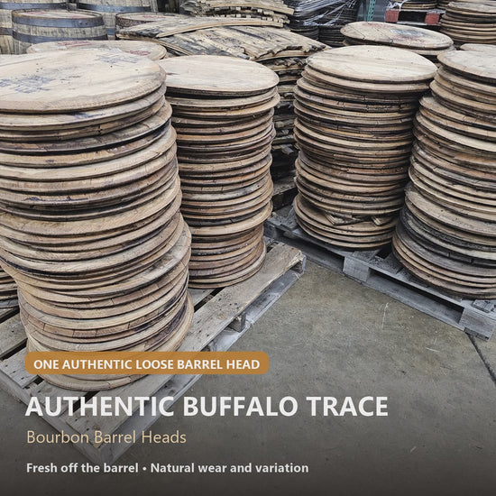 Authentic Buffalo Trace bourbon barrel heads in black stamp, red stamp, and no-stamp options for DIY projects.