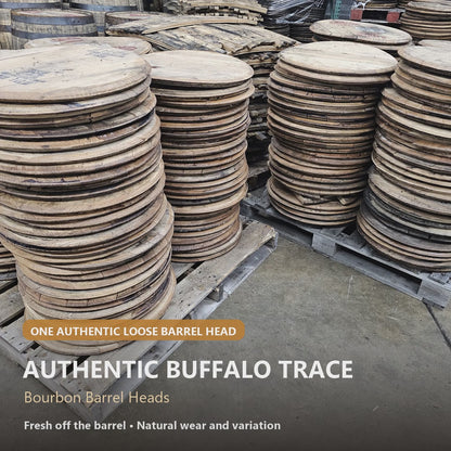 Authentic Buffalo Trace bourbon barrel heads in black stamp, red stamp, and no-stamp options for DIY projects.