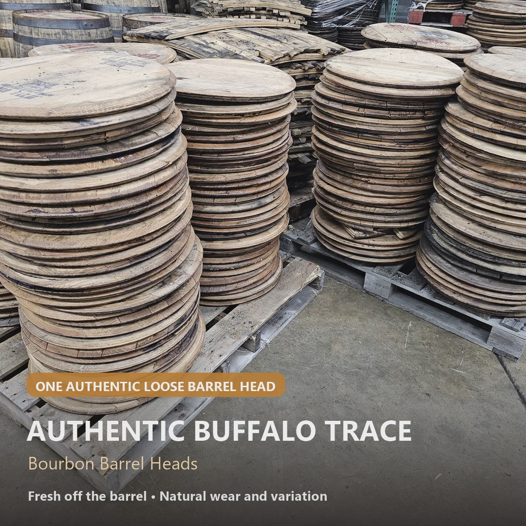 Authentic Buffalo Trace bourbon barrel heads in black stamp, red stamp, and no-stamp options for DIY projects.