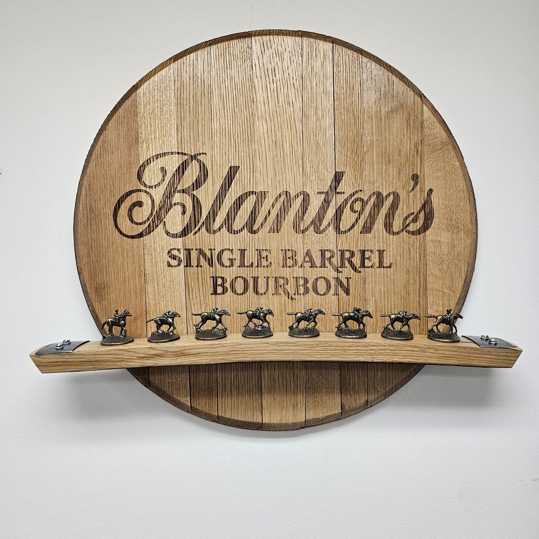 Blanton's bourbon barrel head wall display shown with the complete eight-horse-stopper collection; stoppers and props are not included.
