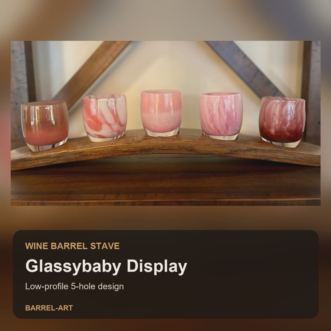 Wine barrel stave Glassybaby display, five-hole low-profile holder in natural oak and dark walnut