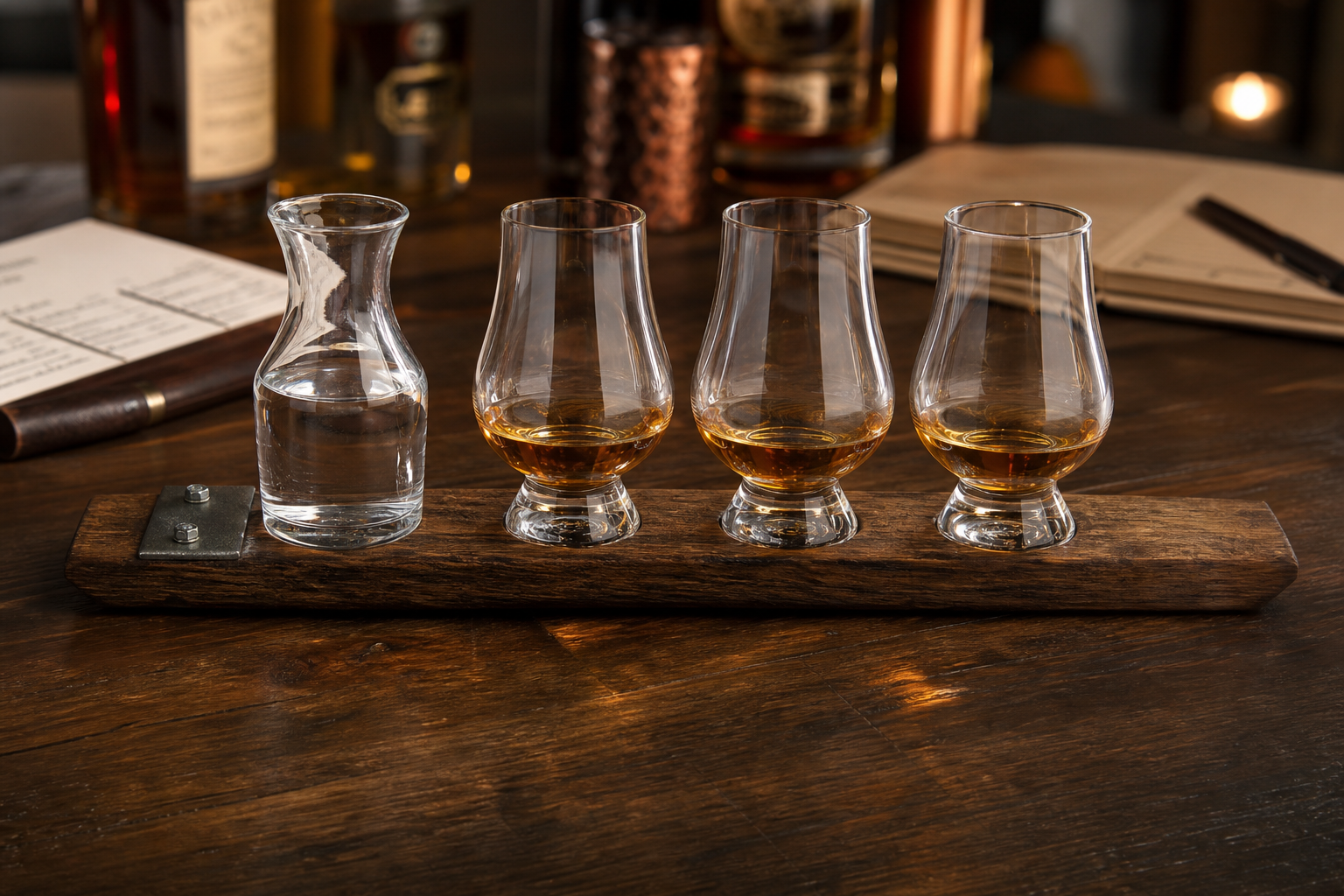 Whiskey flight with water carafe on a reclaimed barrel stave board set for a home tasting night with three Glencairn glasses and bourbon pours