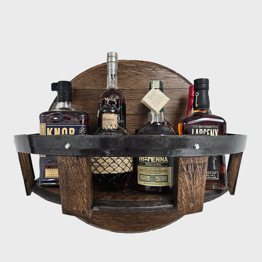 Barrel Head Wall Shelf – Reclaimed Wine or Whiskey Barrel Lid with Rustic Hoop Guard