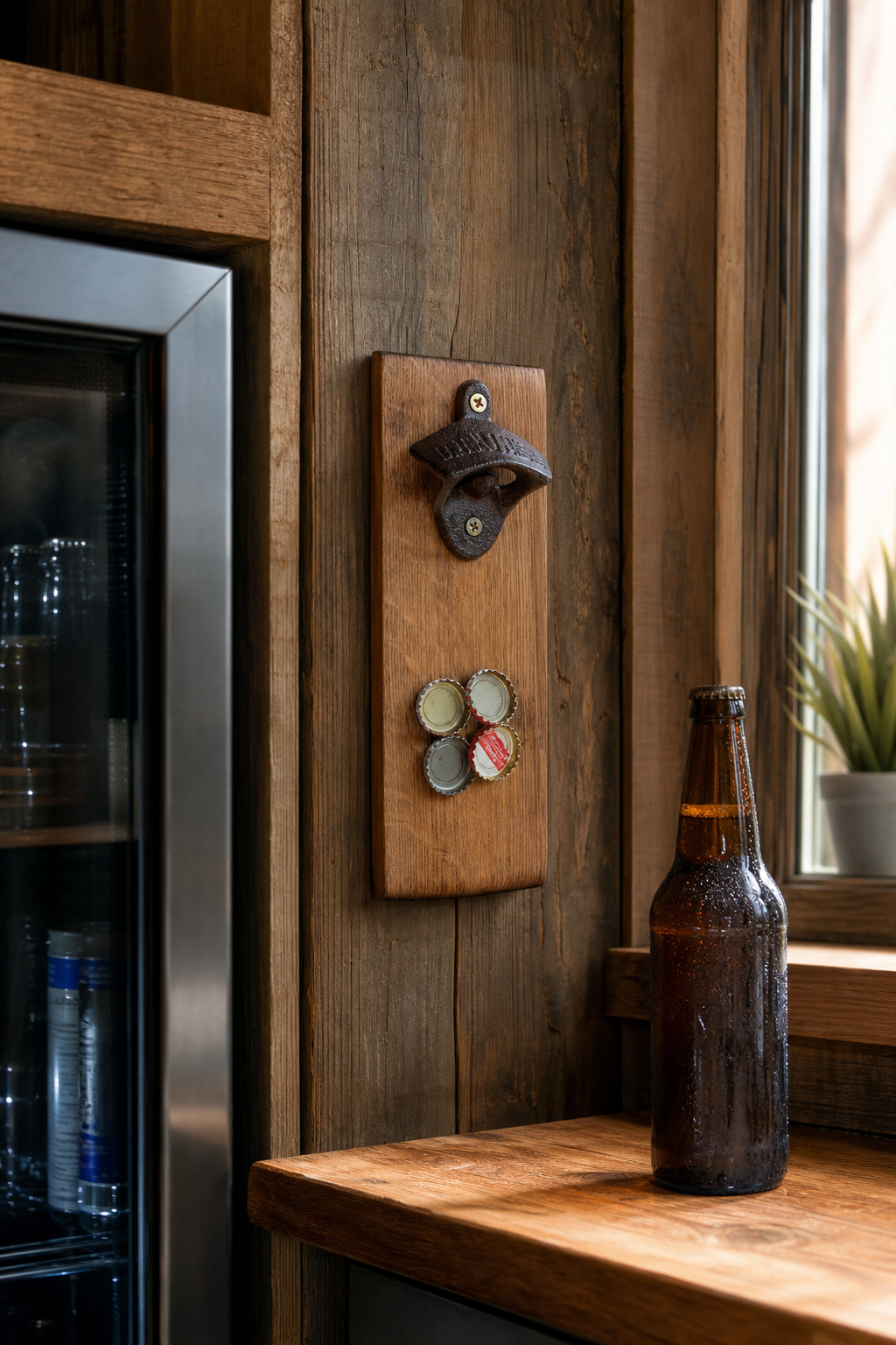 Wall-mounted bottle opener with magnetic cap catcher on reclaimed wood in a workshop bar beside a beverage fridge and beer bottle